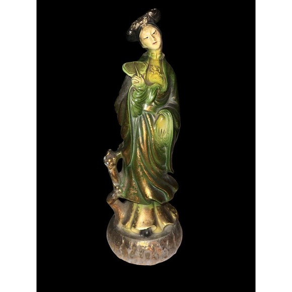 Antique Asian Chinese Geisha w/ fanGreen Porcelain Ceramic Art Figurine Statue